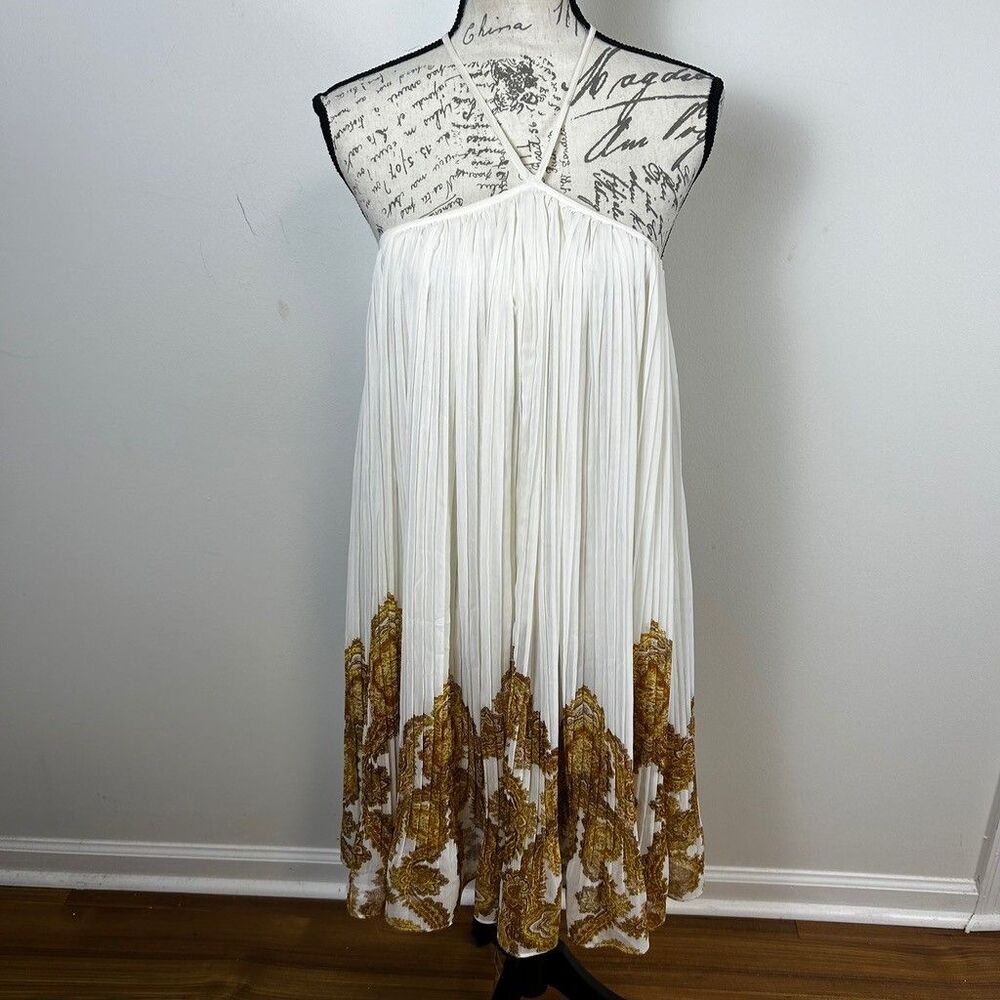 H&M Pleated Halter Midi Dress Womens Large White Gold Paisley Border Print Lined